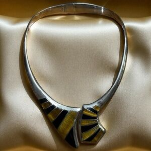 Vintage TS-101 Mexico 950 Silver Hinged Collar Necklace – Tiger’s Eye & Onyx Inl